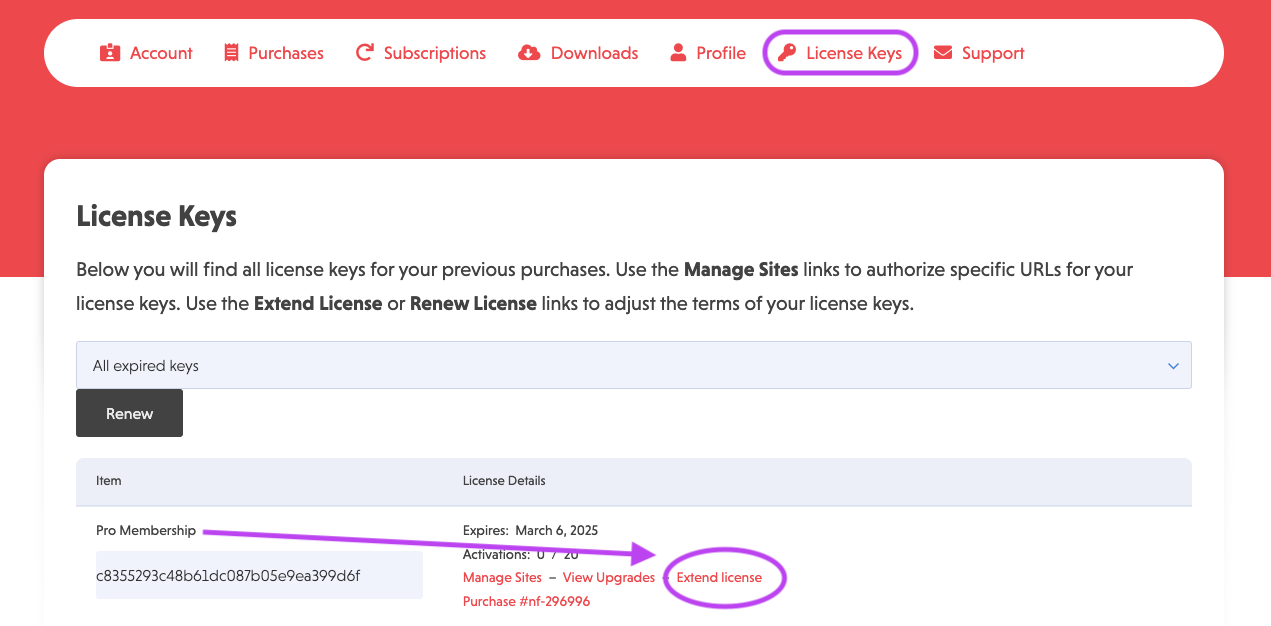 image of the ninja forms account page on the license keys tab. The extend license options is highlighted as the last option tom the right for any cancelled subscription